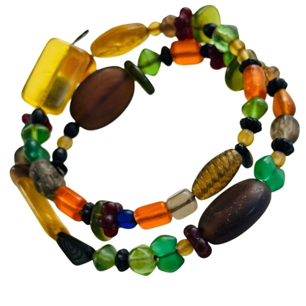 VTG Bracelet frost molded Art Glass wrap coil Beaded beads chunky earthy colors
